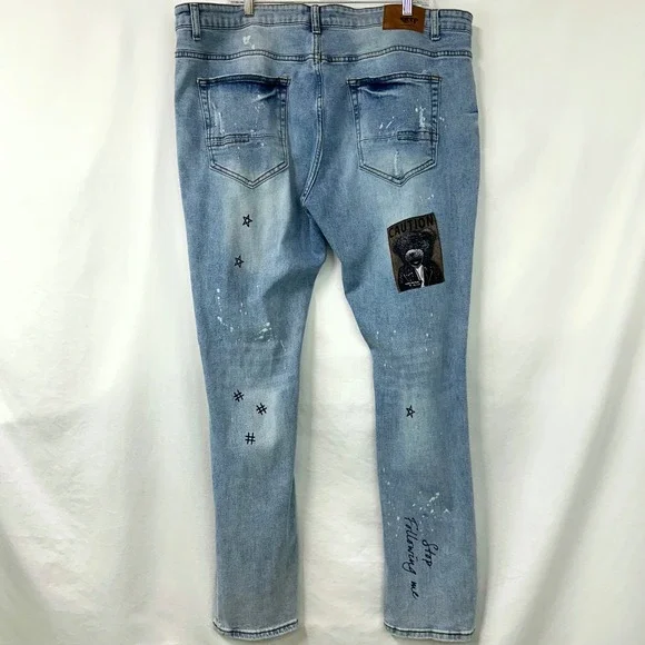 KLEEP Light Wash Denim Streetwear Stacked Skinny Jeans Distressed Patched Men 42 - Picture 5 of 11